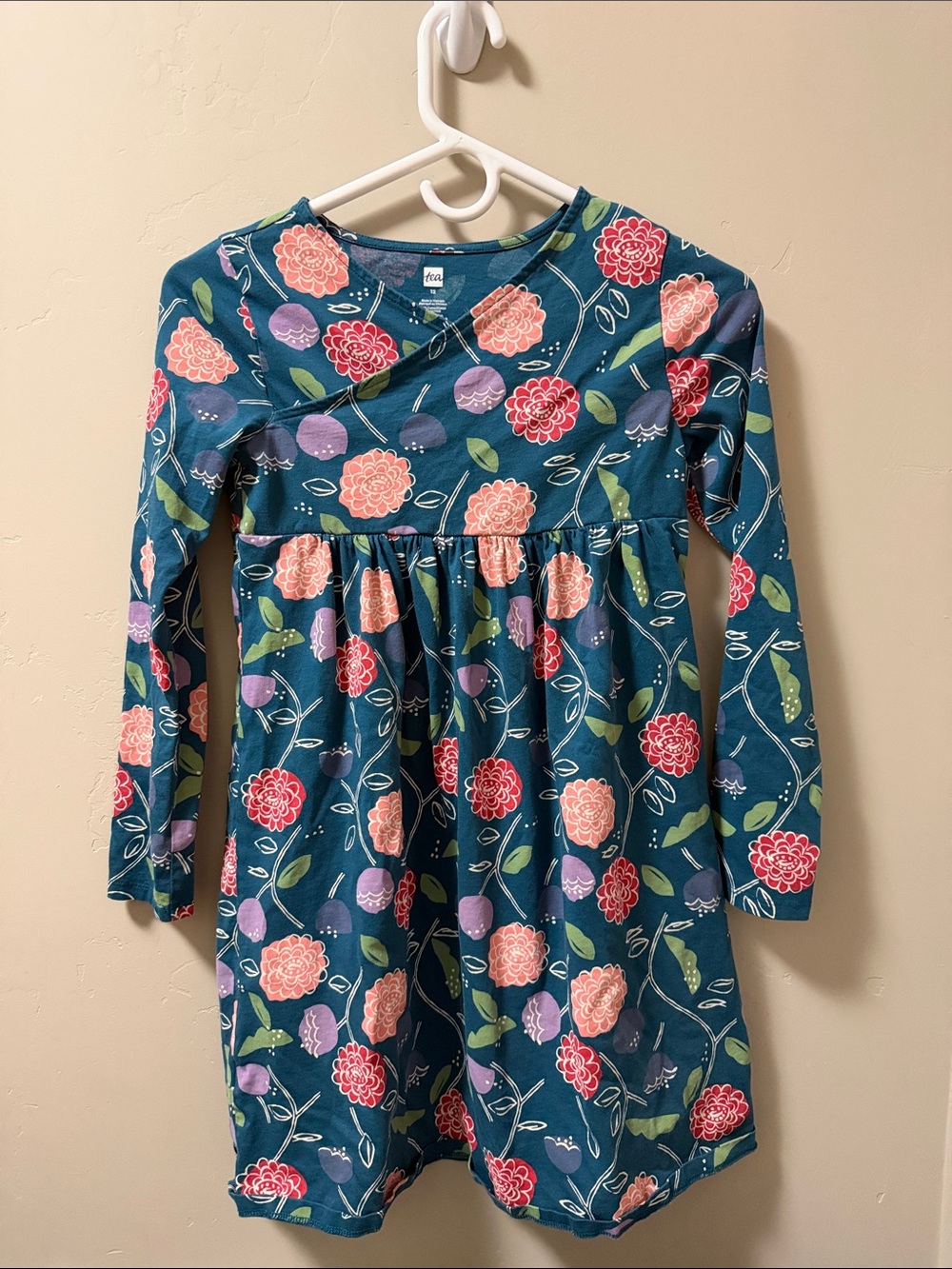 Tea Collection Teal Floral Long Sleeve Dress with Pink & Red Blooms